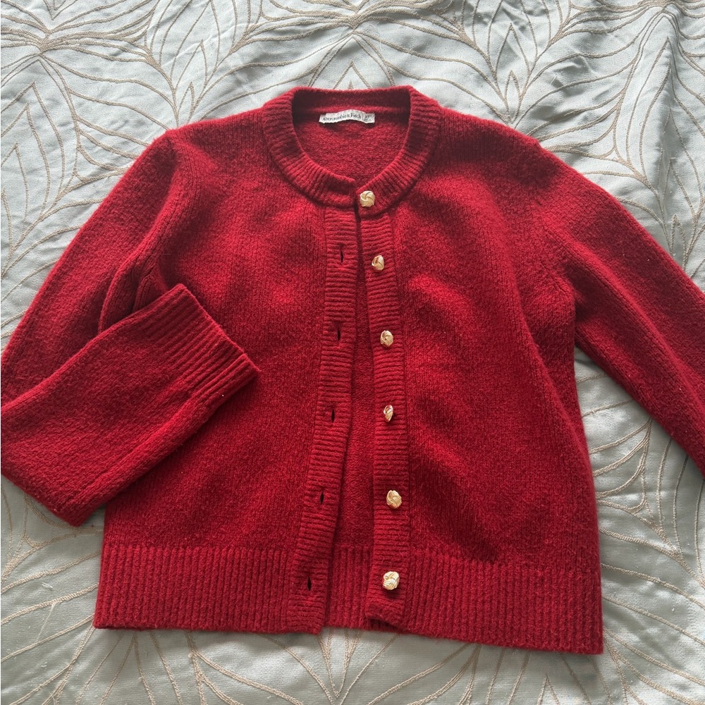Abercrombie red crew cardigan with gold buttons